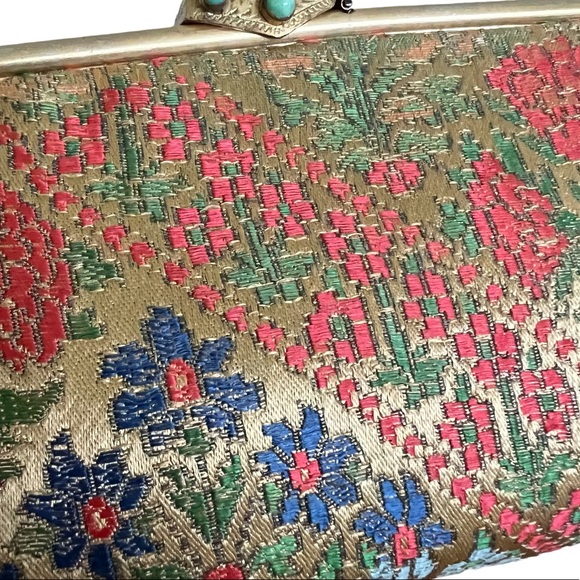 Vintage Floral Tapestry Clutch Bag Gemstone Closure with Original Compact Mirror - Picture 9 of 15